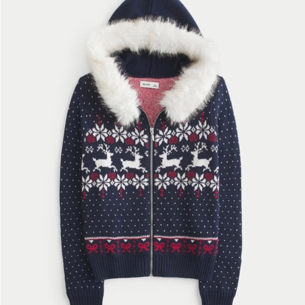 Hollister Hooded Faux Fur Trim Fair Isle Zip-Up Sweater Reindeer Navy Blue M